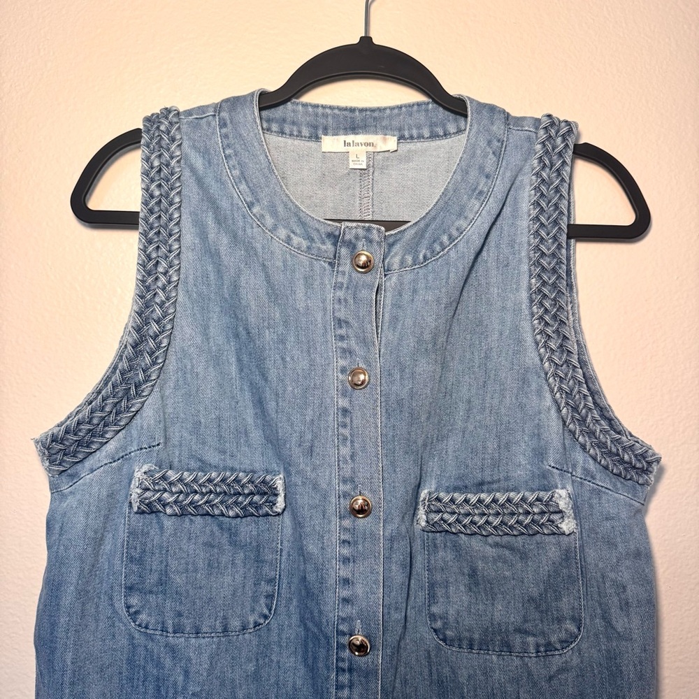 Lalavon Denim Button Front Dress Braided Trim Sleeveless Pockets Size L - Picture 2 of 8